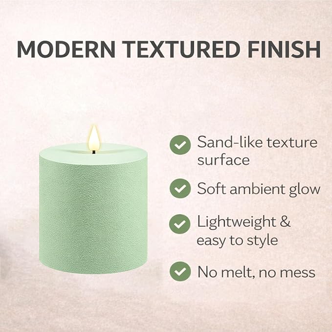 smtyle Sage Green 4x4 Inch LED Pillar Sculptural Textured Finish Frosted Plastic Realistic Flickering Flameless Battery Operated Fake Candles Set of 2 for Coffee Table, Yoga, Meditation, Spa