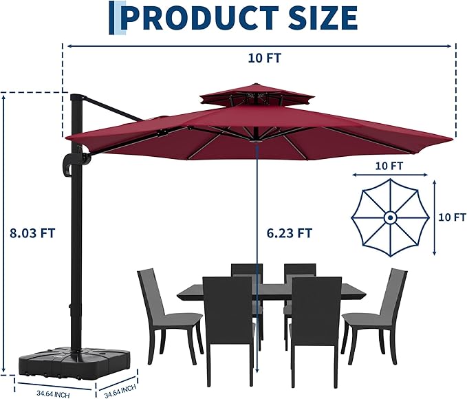 10x10 FT Round Outdoor Umbrella with Base, Cantilever Patio Umbrella with 360° Rotation & Adjustable Height, Heavy Duty Aluminum Umbrella Outdoor Patio for Garden Poolside,Burgundy Red