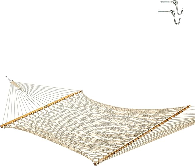 Original Pawleys Island Large Oatmeal DuraCord Rope Hammock – 13 ft. x 55 in., 2-Person, 450 lb Capacity, Oak Spreader Bar, Zinc-Plated Hardware, Handcrafted in the USA