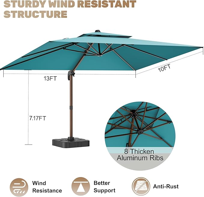 10x13FT Cantilever Outdoor Patio Umbrellas with Base, Double Top Wood Pattern Rectangle Umbrella, Heavy Duty 360°Rotation Offset Umbrella for Garden Deck Pool Patio, Turquoise