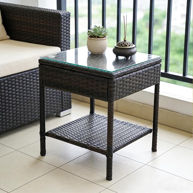 Outdoor Patio Wicker Table,Rattan Side Table,Modern Patio End Side Table with Glass Countertop and Storage Space,for Porch Garden Balcony