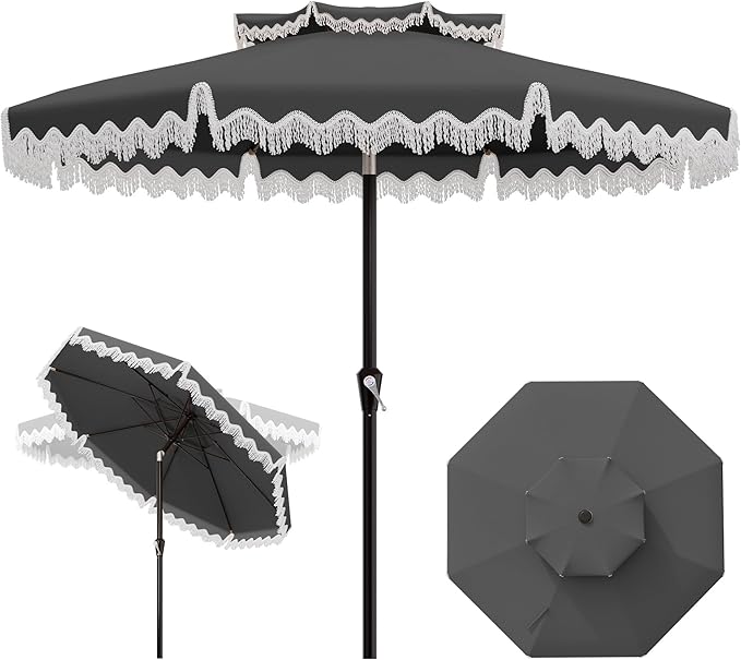 AreShark 9FT Patio Umbrella with Fringe, Wind-Resistant Fiberglass 8 Ribs Tassel Outdoor Umbrella with Crank and Push Button Tilt, Double Tier Vent Sun Shade for Pool, Deck, Backyard, Gray