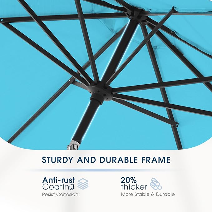 wikiwiki 9FT Patio Umbrella with Base, Outdoor Umbrellas with Base Included, 8 Sturdy Ribs, Waterproof Fade Resistant POLYESTER DTY Canopy for Deck, Lawn, Garden, Backyard & Pool, Sky Blue