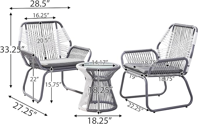 Christopher Knight Home Ava Outdoor 3 Piece Rope and Steel Chat Set, Finish, Gray/White/Gray