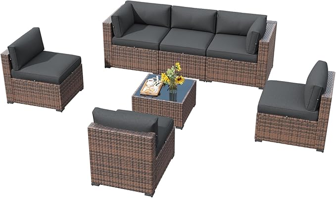 LazySunsets 7 Piece Outdoor Patio Furniture Set with Coffee Table, Outdoor Patio Furniture Sets with Waterproof Cover, Wicker Rattan Outdoor Conversation Set for Backyard & Garden, Grey