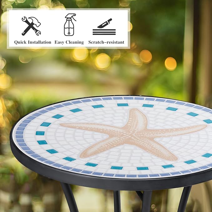 MUMTOP Mosaic Outdoor Side Table, 14" Round Folding Plant Stand for Patio Garden Backyard Balcony Porch Indoor Accent End Table for Living Room, Ceramic Tabletop with Black Iron, Starfish