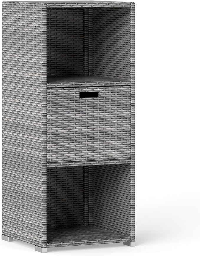 Tangkula Rattan Outdoor Storage Cabinet, Patiojoy Outdoor Wicker Cabinet with 3 Shelves, 1 Removable Drawer, Patio Storage Deck Box for Backyard Poolside Porch