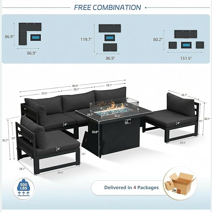 NICESOUL 5 Seat Oversized Modern Aluminum Patio Furniture Set, All Weather Rust Proof Modular Sectional Sofa with Fire Pit Table, 500 lbs Heavy Duty Comfortable Outdoor Couch for Backyard, Dark Gray