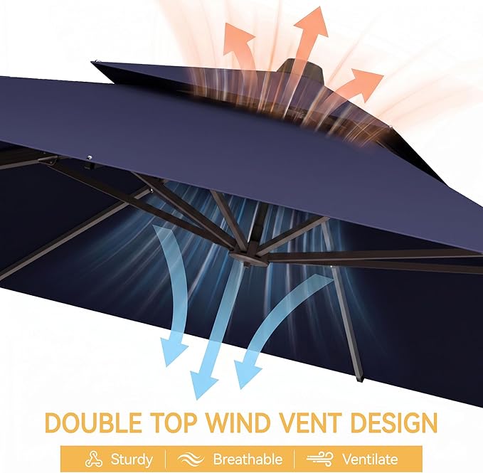 10x10 FT Patio Cantilever Umbrella (Base Not Included) (Base Not Included), Rectangular Heavy Duty Offset Umbrella for 6-8 People, 360°Rotation & Mult Tilt, Double Top Design, for Pool Garden Deck (Navy)
