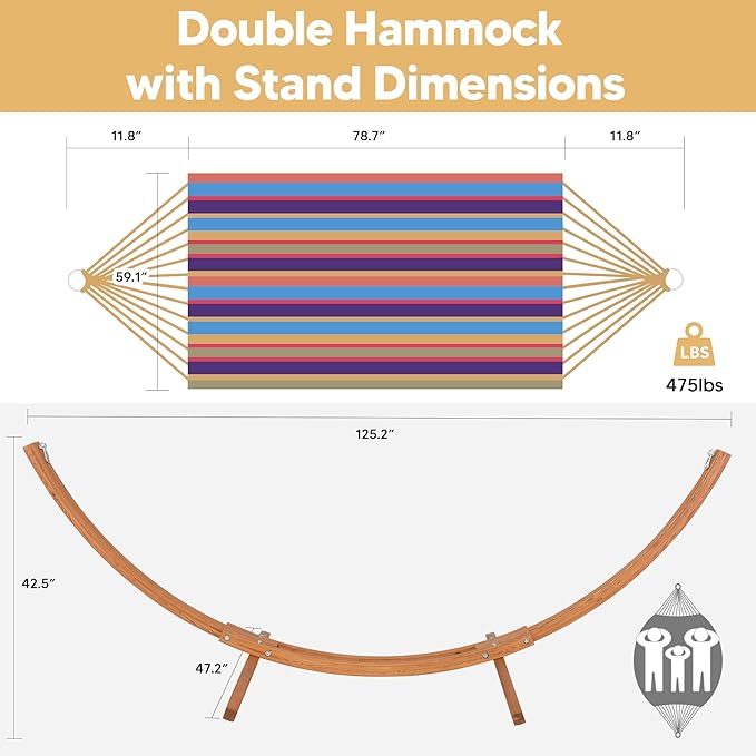 SUNCREAT Portable Hammock with Stand, Two Person Hammock with Stand Included, Rainbow