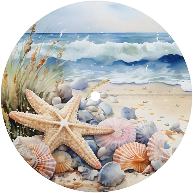 OSAM SPACE Outdoor Tablecloth with Umbrella Hole, Round Elastic Fitted Table Cloth with Invisible Zipper, Beach Starfish Picnic Patio Table Cover 45-56in