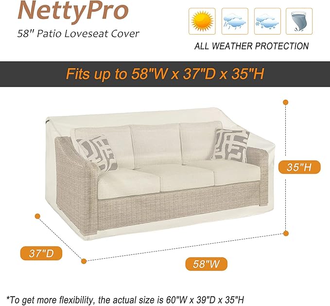 NettyPro Outdoor Loveseat Sofa Cover Waterproof 3-Seater Patio Furniture Bench Sofa Cover, 58"W x 37"D x 35"H, Beige