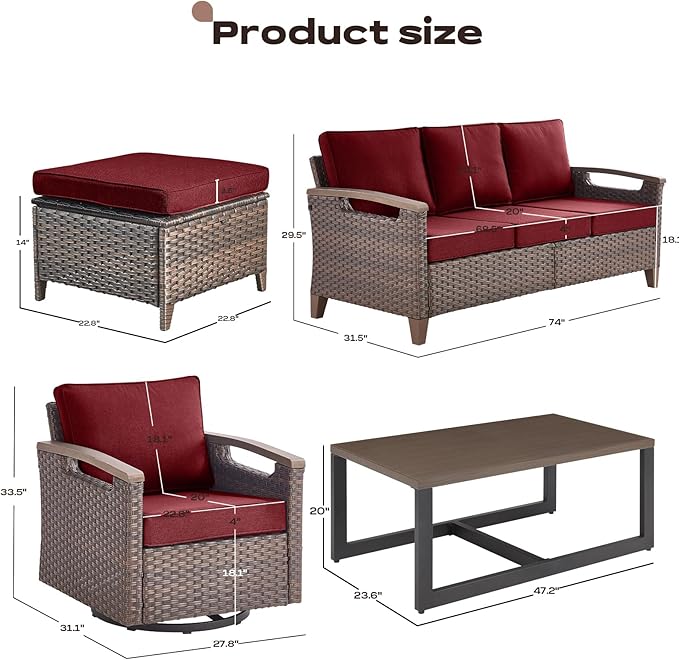 Rilyson Wicker Outdoor Patio Furniture Set - 6 Piece Patio Conversation Sets with Swivel Rocker Chairs, Sofa, Ottomans and Coffee Table, Thick Cushions, Waterproof Wicker, for Porch Deck Brown/Red