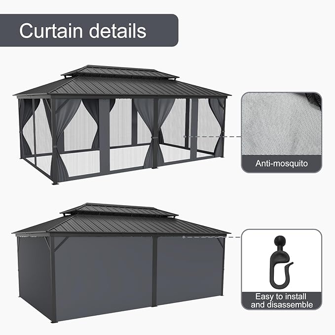 12' x 20' Hardtop Gazebo with Galvanized Steel Double Roof, Heavy Duty Outdoor Gazebo with Netting & Curtains for Patio, Backyard, Deck & Lawn