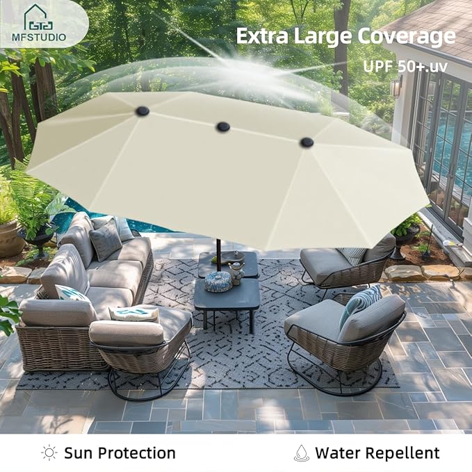 MFSTUDIO 13ft Outdoor Patio Umbrella, Double Sided Large Rectangular Umbrella Market Table Twin Triple Rectangle Umbrellas with Crank Handle for Outside Picnic Backyard Deck Pool (no base)