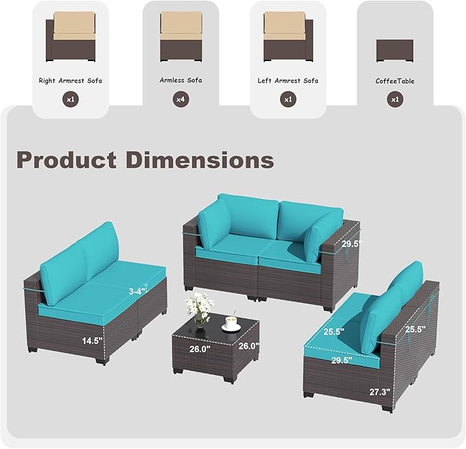 Patio Furniture Set 7PCS Outdoor Furniture for Backyard Sectional Sofa Set, Rattan Wicker Patio Conversation Set with 4 Inch Thickened Cushions and Glass Coffee Table, Blue