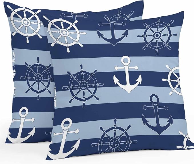 Nautical Ship Anchors Waterproof Outdoor Pillow Covers Set of 2 Home Decor, Navy Blue Horizontal Stripes Pillowcase Patio Pillow Covers for Couch Bench Patio Furniture Garden 18x18in