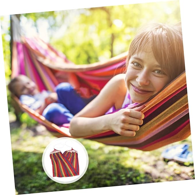 FOMIYES Single-Person Outdoor Camping Hammock with Anti-tip Design, Rainbow Striped Canvas Travel Swing for Leisure and Patio Use, Wide Size, Red