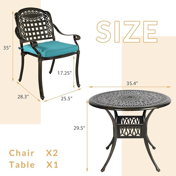 3-Piece Outdoor Patio Dining Set, All-Weather Cast Aluminum Patio Furniture Set for Backyard Garden Deck with 2 Cushioned Chairs and 35.4” Round Table, 2" Umbrella Hole, Ocean Blue