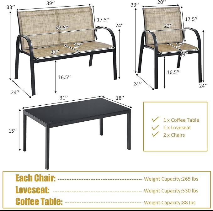 DORTALA 4 Piece Outdoor Furniture Set, Patio Conversation Set with Loveseat, 2 Single Chairs, Patio Sofa Garden Sofa Set with Steel Frame, Ideal for Balcony,Poolside, Brown