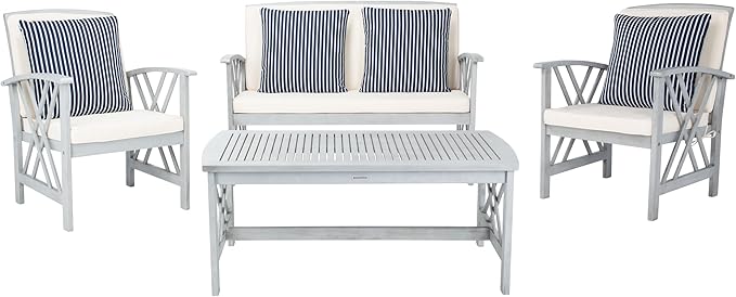 SAFAVIEH Outdoor Collection Fontana Grey / Beige Cushions/ Stripe Pillows 4-Piece Conversation Patio Set