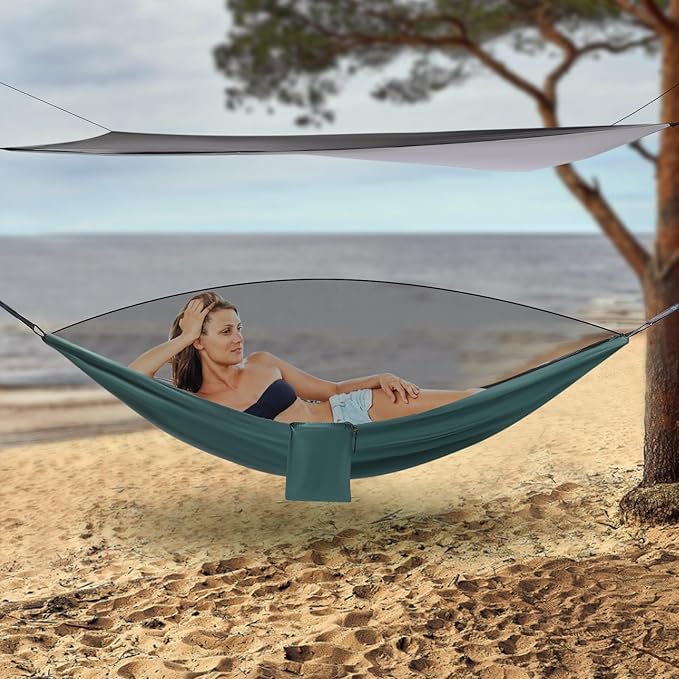 Camping Hammock, 6.56 ft Adjustable Tree Strap Hammocks with Mosquito Net Tent and Rain Fly Tarp, 200kg Load Bearing Portable Camping Hammock, Hammock for Backpacking and Travel(9.5 * 4.5)