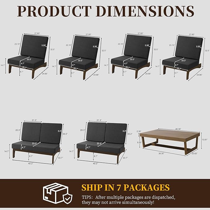 UIXE 7 Pieces All Weather Wood Patio Furniture Sets, 2 Patio Loveseat, 4 Patio Bistro Chair, Outdoor Sectional Sofa Furniture Backyard Conversation Set with Coffee Table - Dark Gray