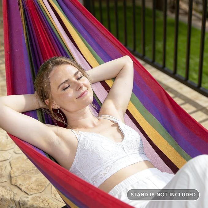 Hammock with Stand for Outside, Hammock Chair Foldable Portable, Anti-Tip Double Hammock with Carry Bag for Camping, Backyard, Patio, Beach (Rainbow-74.8 x 31.5)