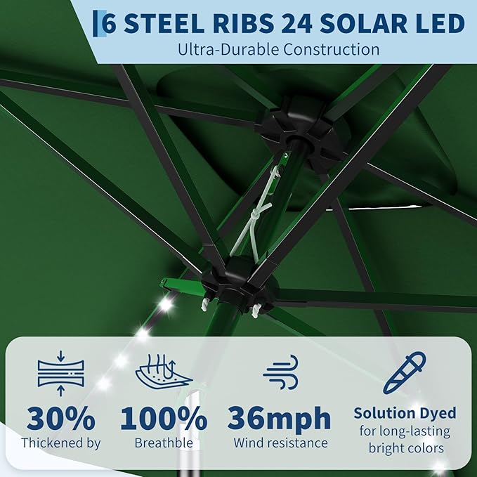 Garvee 10' x 6.5' Solar Rectangular Patio Umbrella with Lights, Outdoor Table Umbrella with Crank and Push Button Tilt, Market Umbrella with 6 Sturdy Ribs Tilt for Garden, Deck, Lawn, Pool