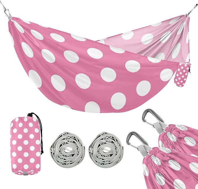 Pink Polka Dots Camping Hammock, Portable Lightweight Single Hammock with Tree Straps and Aluminum Carabiners, 114" x 54" Travel Hammock for Hiking Backpacking Beach