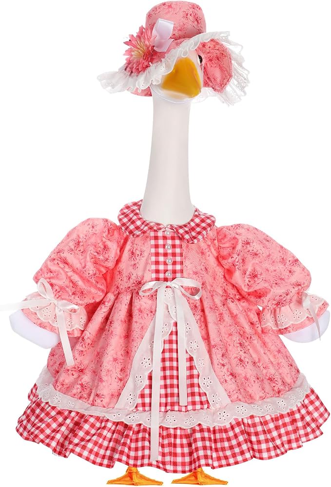 Spring Flower Goose Outfit Daisy Rose Floral Dress for 23'' Cement Plastic Goose Statue for Valentines Day Summer Outdoor Garden Yard Patio Lawn Decor(Pink Rose)
