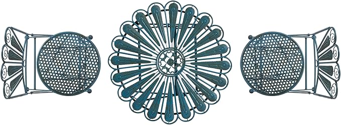 Alpine Corporation Indoor/Outdoor 3-Piece Peacock Feather Rustic Metal Bistro Set Patio Seating, Light Blue
