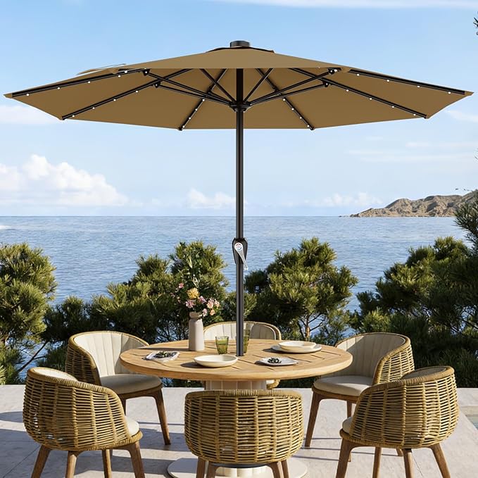 AreShark 12FT Large Patio Umbrella with Solar Lights, Solar Powered Outdoor Umbrella with Crank, Patio Table Market Umbrellas for Garden, Deck, Backyard, Pool and Beach, Khaki
