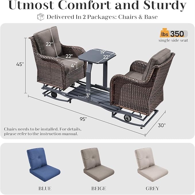 Rilyson Luxury Outdoor Wicker Glider Rocker Chairs for 2 Seats, Patio Wicker Rattan Glider Rocker Chairs with Table, Rocker Chairs Outdoor Furniture Sets for Patio Porch Pool Brown/Grey