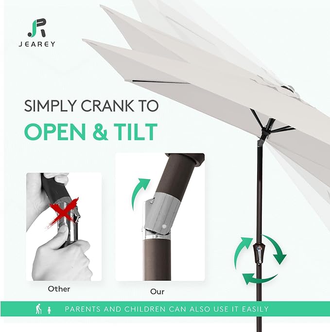 JEAREY 6.5x10ft Olefin Rectangular Patio Umbrella, Rectangle Outdoor Umbrellas with Auto Tilt Crank System, Market Table Umbrella UV Protection Fade-Resistant for Pool Deck Garden Yard, Foggy Gray