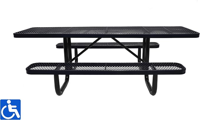 Heavy Duty ADA Outdoor Picnic Table, Expanded Metal, Wheelchair Accessible (Black, 96)