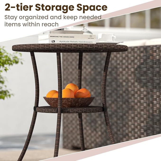 Tangkula 25 inch Patio Wicker Coffee Table Outdoor Backyard Lawn Balcony Pool Round Tempered Glass Top Rattan Steel Frame Side Table Furniture W/Storage Shelf, Brown