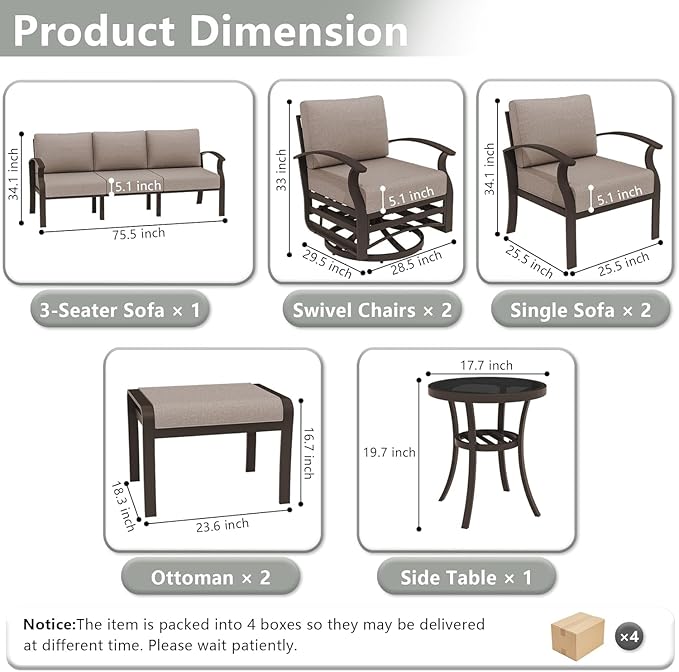 Kullavik Aluminum Patio Furniture Set with 2 Swivel Chairs,9-seat Metal Outdoor Furniture Patio Sectional Sofas Patio Conversation Set w/2 Ottomans for Patio,Backyard,Poolside-Sand