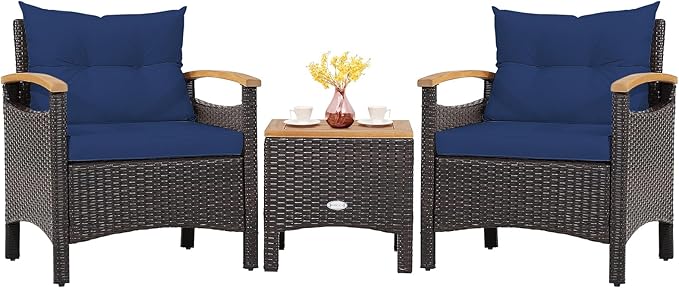 Tangkula 3-Piece Patio Furniture Set, Patiojoy Outdoor Rattan Sofa Set with Coffee Table, Patio Conversation Set with Removable Cushion, Cozy Acacia Wood Armrests for Backyard, Poolside (Navy)