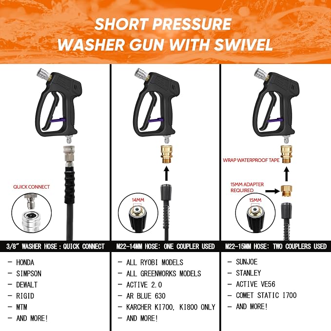 KONOSUBA Short Pressure Washer Gun with Swivel 4500PSI with Foam Cannon,2 Adapter,5 Pressure Washer Nozzles,1/4" Quick Connector,3/8'' Quick Connect, M22-14/15 mm Fitting (gun4500PSI with Foam Cannon)