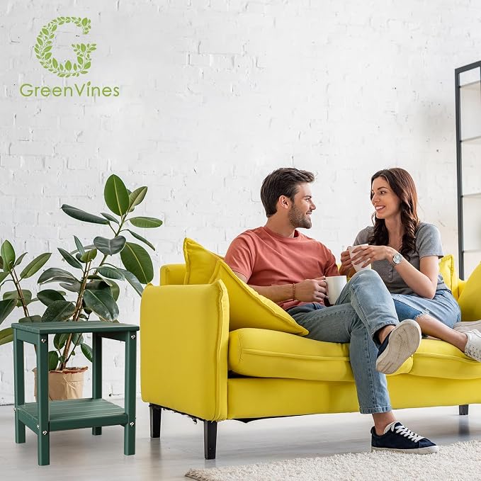 GREENVINES Adirondack-Outdoor-Side-Table | Set of 2 | 14 x 13 Inches | HDPE Plastic | All Weather | Forest Green | Outside End Tables | Storage Shelf | for Patio Porch Backyard Indoor