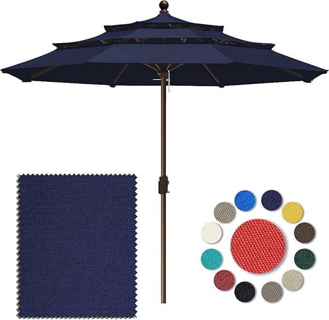 Eurmax USA 10-Year-Non-Fading 10FT 3-Tier Outdoor Patio Market Umbrella,UPF50+ UV Resistant,Heavy Duty Commercial Grade,Crank Lift Design,Windproof Vented Top for Garden,Pool,Deck,Navy Blue