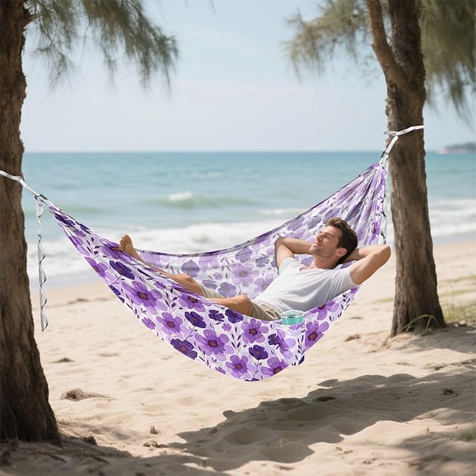 Camping Hammock Outdoor Hammocks for Outside Purple Flower Beach Trees Portable Lightweight with Pockets Tree Straps Indoor Small