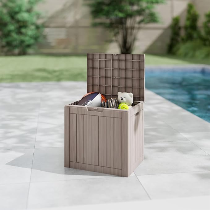 35 Gallon outdoor cushion storage deck boxes outdoor waterproof, package delivery boxes for outside, Outdoor Storage Lockable for Patio Furniture, Garden Tools and Pool Supplies, Light Brown
