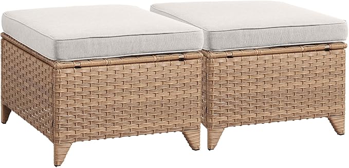 Rilyson Outdoor Ottoman Wicker Patio Ottomans - 2 Piece Footrest Footstools Set Rattan Outdoor Ottomans for Patio with Thick Cushions(Yellow/Beige)