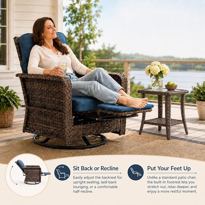 Yechen 3 Piece Outdoor Patio Wicker Chairs with Footrest and Adjustable Backrest, Furniture Set with 2 Swivel Chairs and Side Table, Thickened Seat Cushions for Porch Deck Backyard, Slate Blue