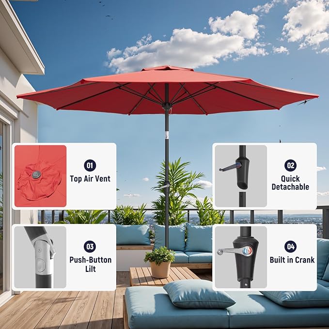 Outdoor Patio Umbrella with One Push Button Tilt and Crank, 8 Sturdy Ribs Market Table Umbrella
