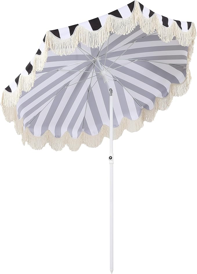 JONATHAN Y Mariner 6.5 ft. Beach Umbrella, Black/White Striped with Fringe, Push-Button Tilt, UPF 50+ Sun Protection and Carrying Bag for Patio and Pool, White Pole UMB1003Q