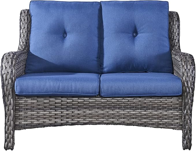 Rilyson Outdoor Loveseat Wicker Patio Sofa - 2-Seat Rattan Outdoor Couch Patio Furniture with Deep Seating and Comfortable Cushions for Outside Porch Deck Balcony(Mixed Grey/Blue)