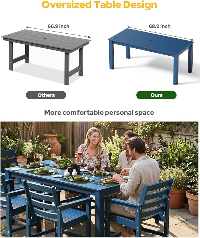 Outdoor HDPE Dining Table Set 7-Piece, All-Weather Outdoor Table and Chairs with Umbrella Hole Cut-Out, Patio Furniture for Garden, Backyard, Deck (Blue)